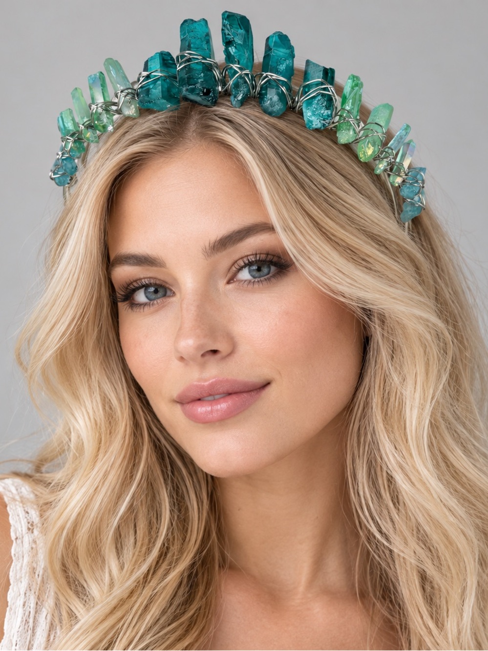 Custom Blue Green Sculptural Statement Headband Wire Wrapped Heavy